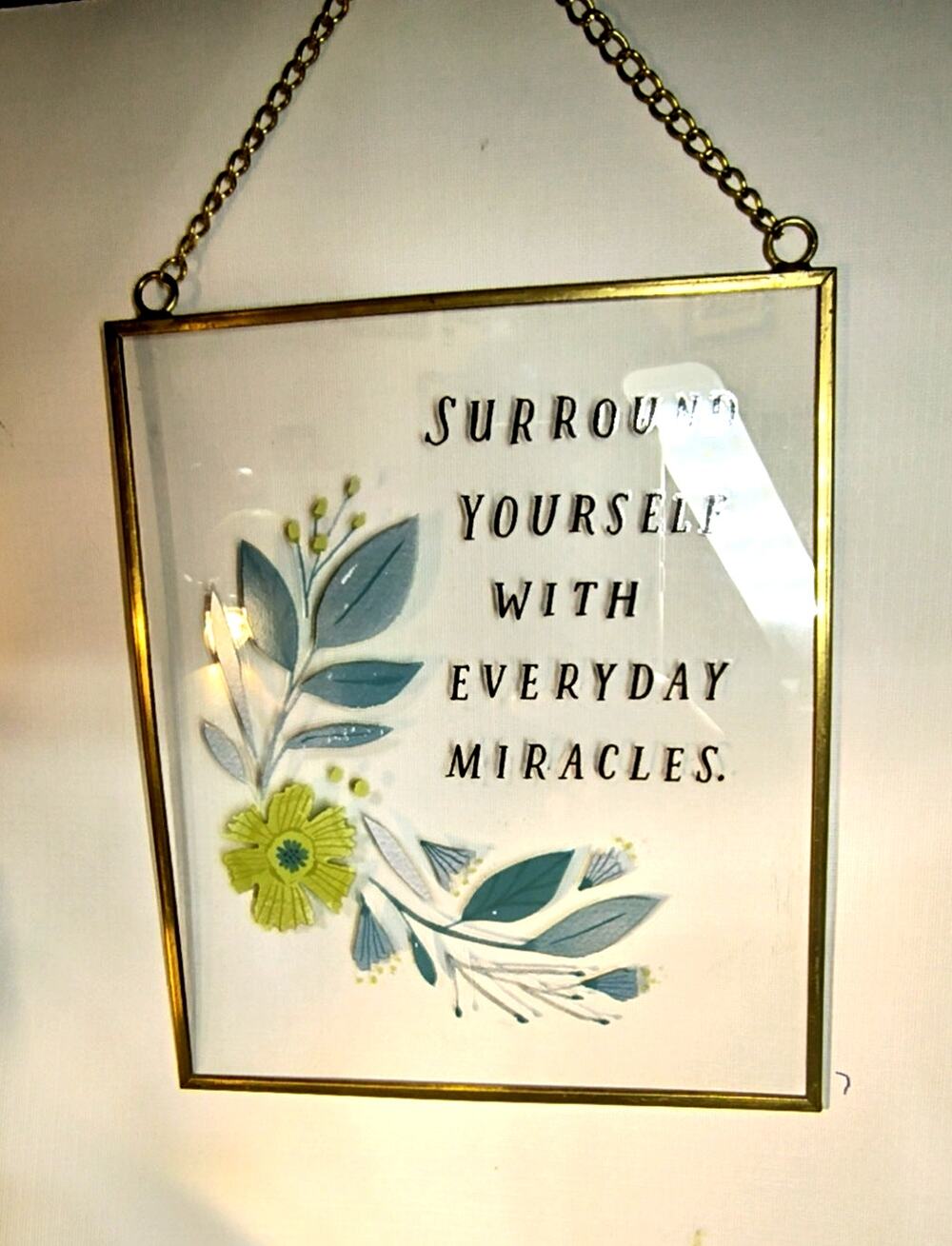 2169. Vintage Hallmark Glass Hanging Botanical Everyday Miracle Gold Tone Frame